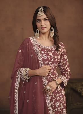 Faux georgette copper rust embroidered palazzo salwar kameez 2