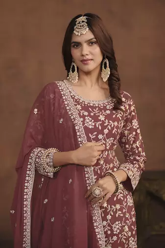 Faux georgette copper rust embroidered palazzo salwar kameez