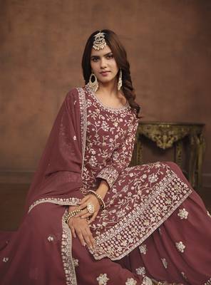 Faux georgette copper rust embroidered palazzo salwar kameez 3