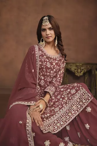 Faux georgette copper rust embroidered palazzo salwar kameez