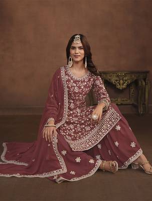Faux georgette copper rust embroidered palazzo salwar kameez 4