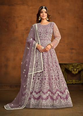 Purple net embroidered floor length salwar kameez 1