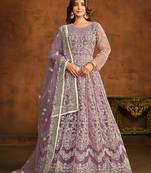 Purple net embroidered ceremonial floor length salwar kameez