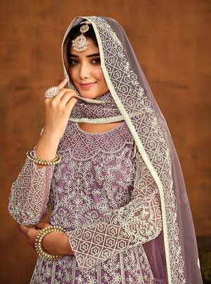 Purple net embroidered floor length salwar kameez 2