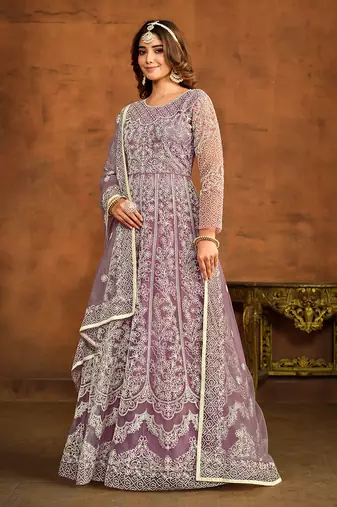 Purple net embroidered floor length salwar kameez
