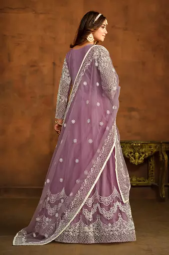 Purple net embroidered floor length salwar kameez