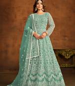 Sky blue net embroidered ceremonial floor length salwar kameez