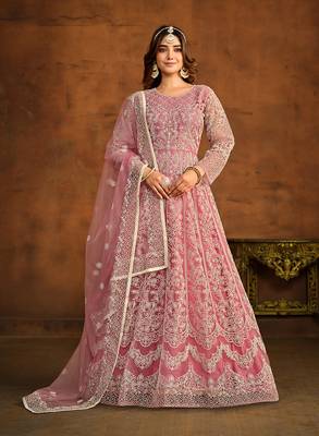 Light pink net embroidered floor length salwar kameez 1
