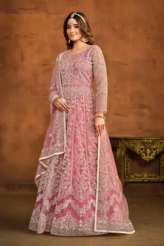 Light pink net embroidered floor length salwar kameez