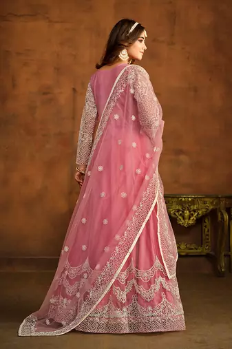 Light pink net embroidered floor length salwar kameez