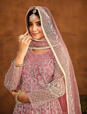 Light pink net embroidered floor length salwar kameez 4