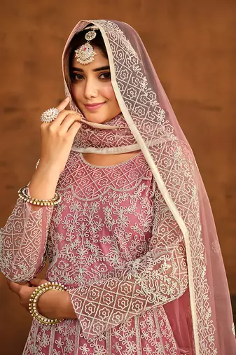 Light pink net embroidered floor length salwar kameez
