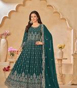 Faux georgette embroidered teal anarkali salwar suit