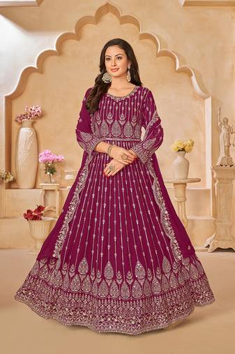 Faux georgette embroidered magenta anarkali salwar suit