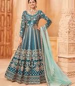 Teal color embroidered resham work art silk salwar kameez