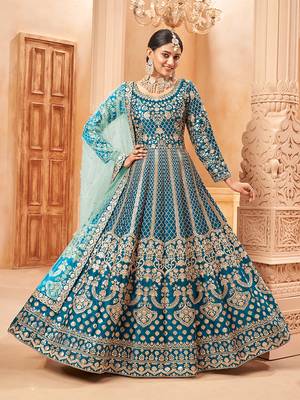 Teal color embroidered resham work art silk blend salwar kameez 2