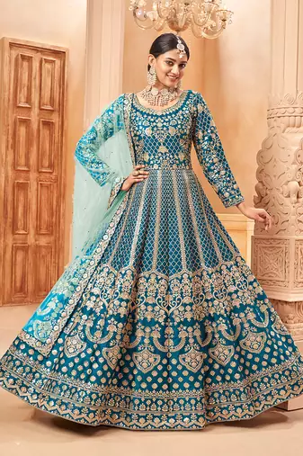 Teal color embroidered resham work art silk blend salwar kameez