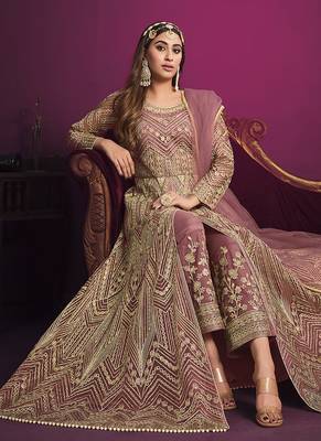 Net sequins floor length salwar kameez in light pink 1