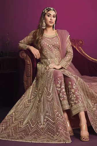 Net sequins floor length salwar kameez in light pink