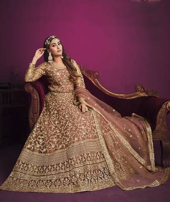 Peach color net sangeet anarkali salwar kameez 1