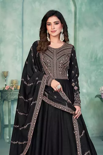 Embroidered art silk blend salwar kameez in black