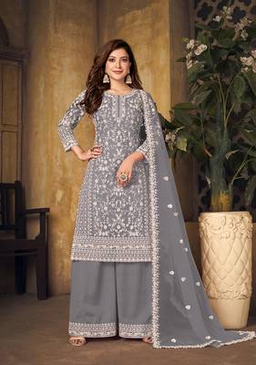 Grey color net embroidered plazzo salwar kameez 1