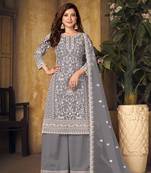 Grey color net embroidered plazzo salwar kameez