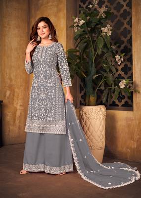 Grey color net embroidered plazzo salwar kameez 2