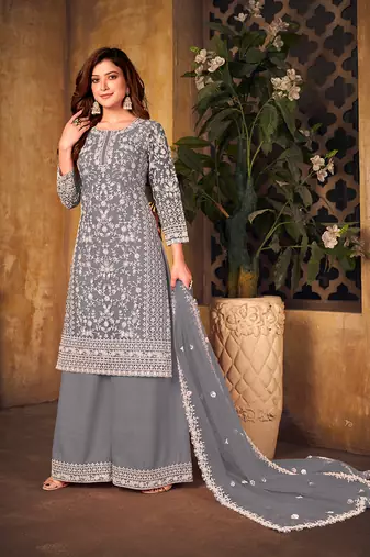 Grey color net embroidered plazzo salwar kameez