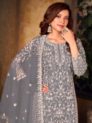Grey color net embroidered plazzo salwar kameez 3