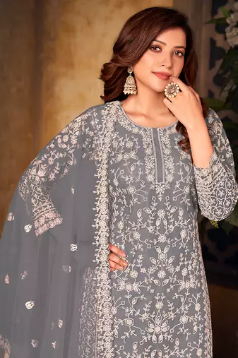 Grey color net embroidered plazzo salwar kameez