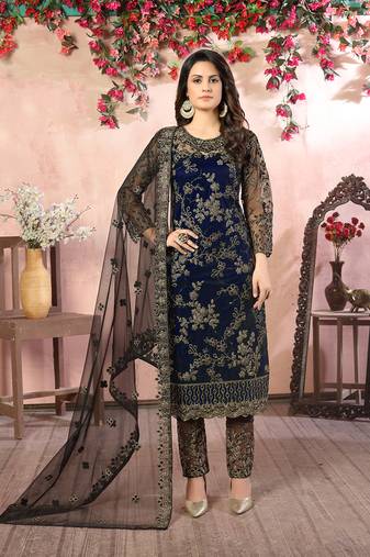 Navy blue net layered embroidered salwar suit