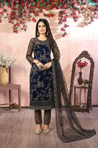 Navy blue net embroidered salwar suit