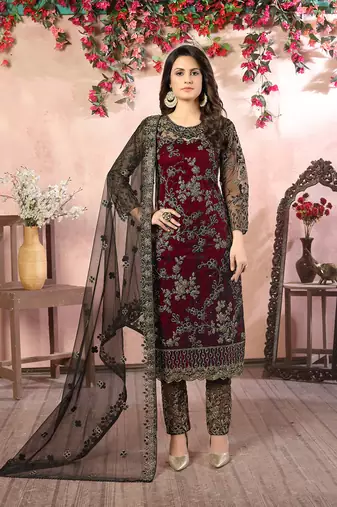 Maroon net layered embroidered salwar suit
