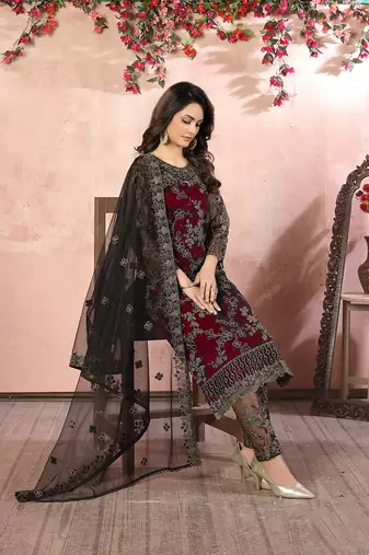 Maroon net embroidered salwar suit