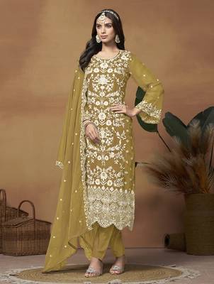 Olive organza embroidered pakistani salwar kameez 2