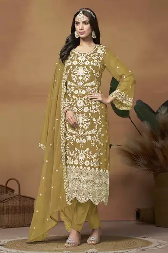 Olive organza embroidered pakistani salwar kameez