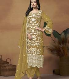 Olive organza embroidered pakistani salwar kameez