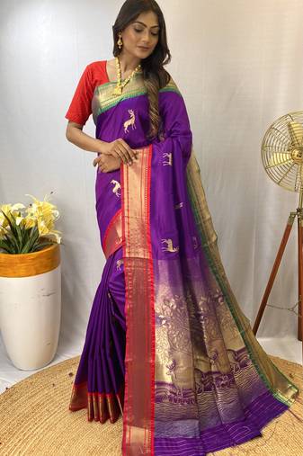 Purple Soft Silk Saree And  Designer Zari Weaving Rich Pallu Saree With Blouse For Women