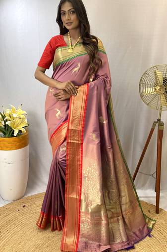 Lavender Soft Silk Saree And  Designer Zari Weaving Rich Pallu Saree With Blouse For Women