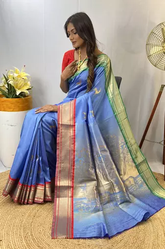 Sky Blue Soft Silk Saree And  Designer Zari Weaving Rich Pallu Saree With Blouse For Women