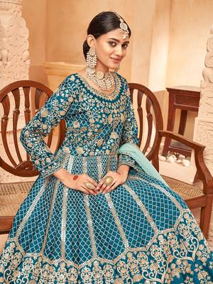 Teal color embroidered resham work art silk blend salwar kameez 3