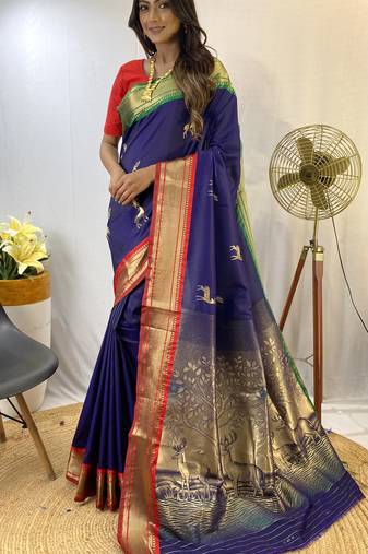 Navy Blue Soft Silk Saree And  Designer Zari Weaving Rich Pallu Saree With Blouse For Women