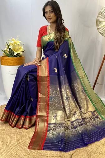 Navy Blue Soft Silk Saree And  Designer Zari Weaving Rich Pallu Saree With Blouse For Women