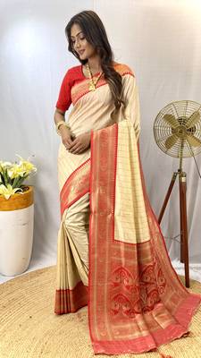 White Kanchipuram Style Paithani Silk Saree And Rich Pallu Saree With Blouse For Women 1