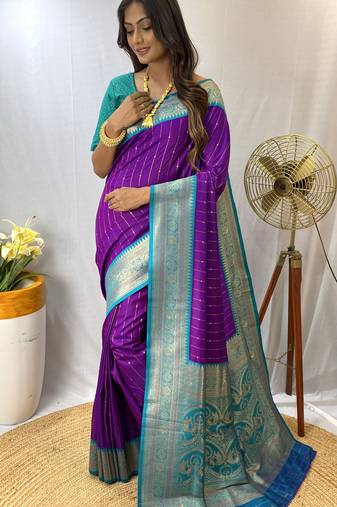 Purple Kanchipuram Style Paithani Silk Saree And Rich Pallu Saree With Blouse For Women