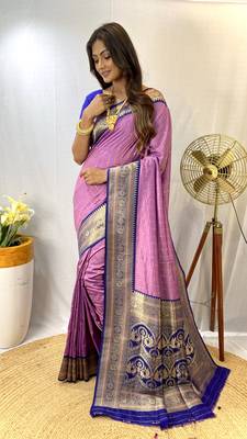 Lavender Kanchipuram Style Paithani Silk Saree And Rich Pallu Saree With Blouse For Women 1