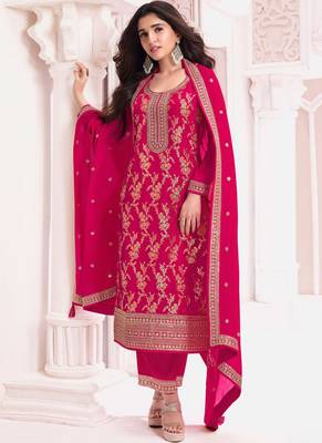 Pink pure viscose jaquard semi stitched salwar suit 1