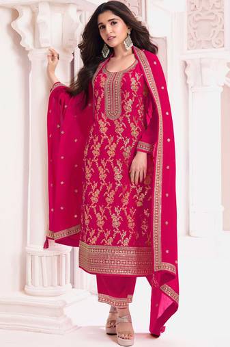 Pink pure viscose jaquard semi stitched salwar suit