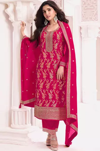 Pink pure viscose jaquard semi stitched salwar suit